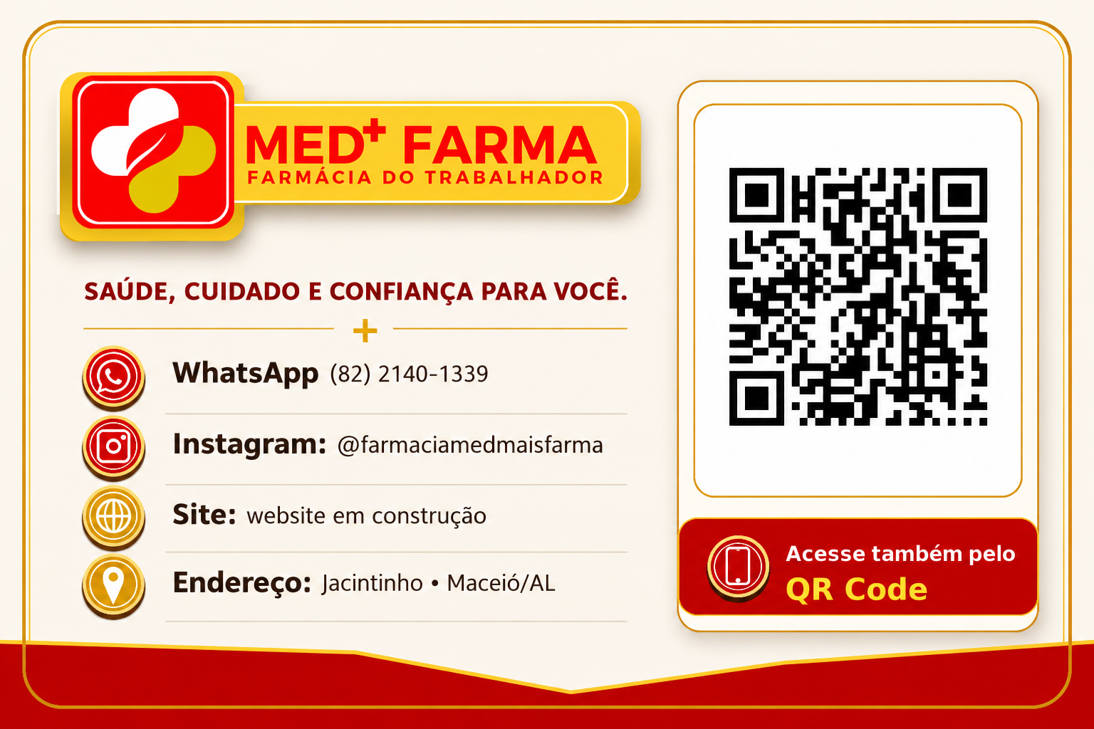 Cartão digital Med+ Farma com WhatsApp, Instagram, site, endereço e QR Code