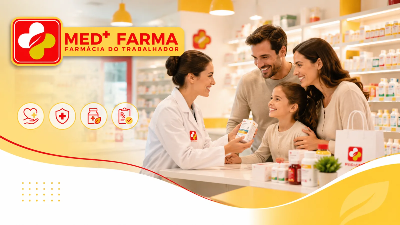 Família sendo atendida na Med+ Farma